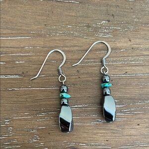 Native American Sterling Silver and Turquoise Onyx Dangle Earrings